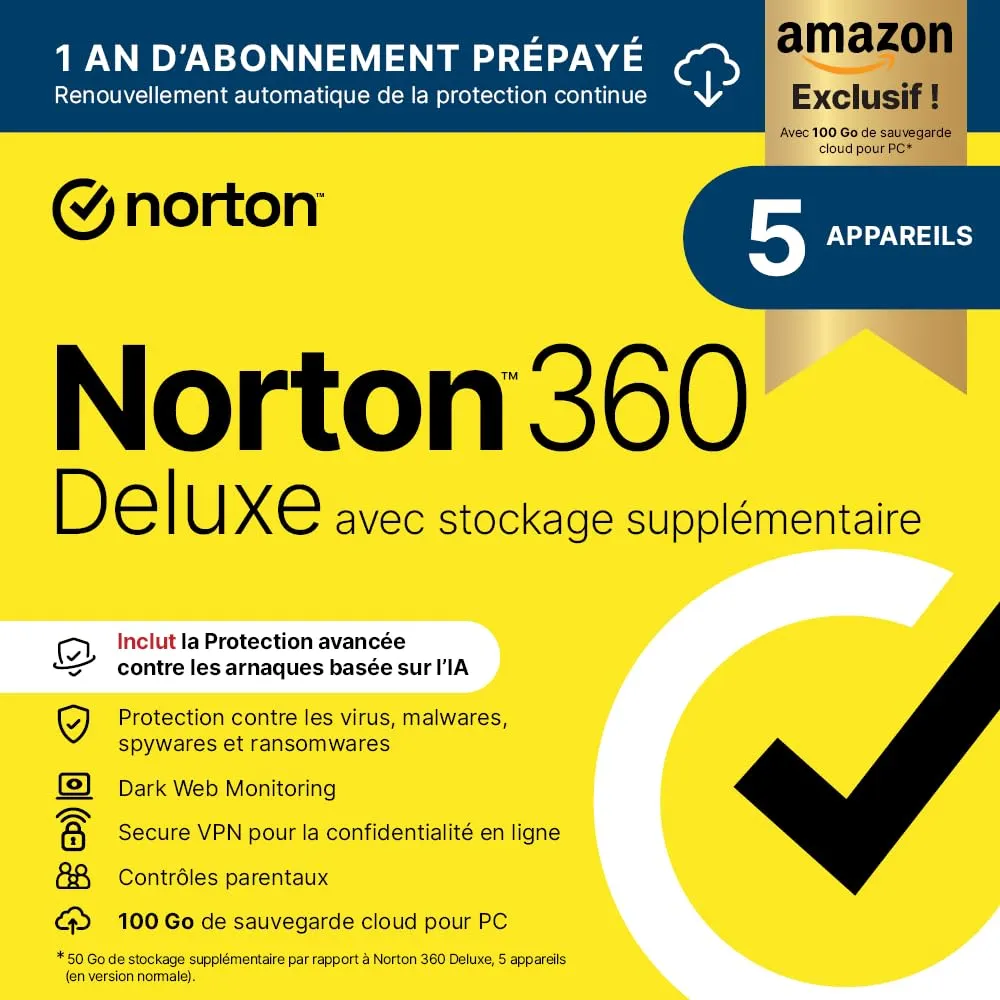 Norton 360 Deluxe Exclusivité Amazon : 5 appareils protégés + 50 Go de cloud à prix mini