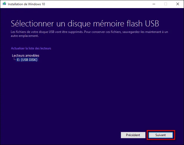Rue de l’info w10 clé usb choix