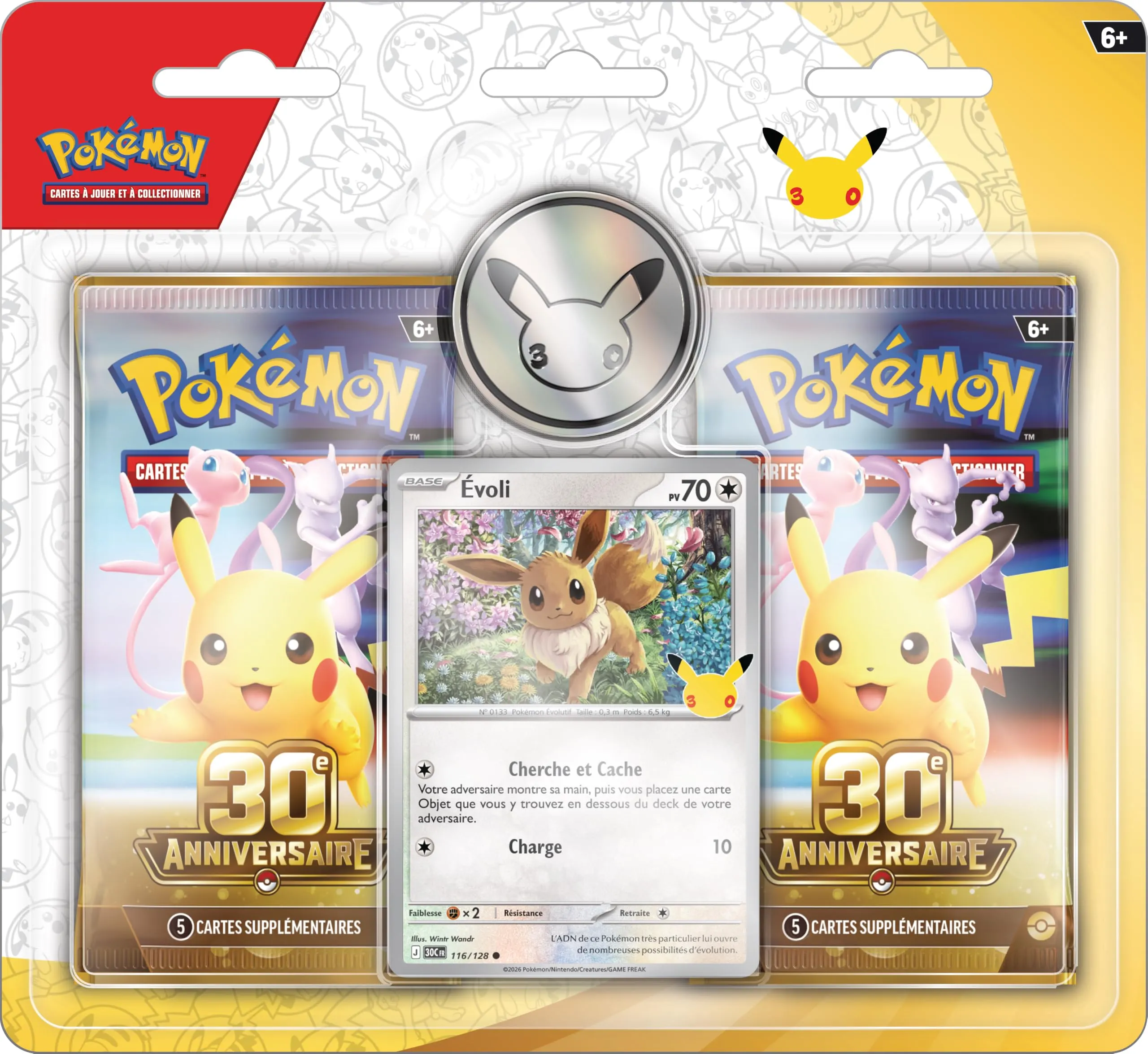 Pokémon TCG : le blister 30e anniversaire avec 2 boosters, une carte brillante et une pièce